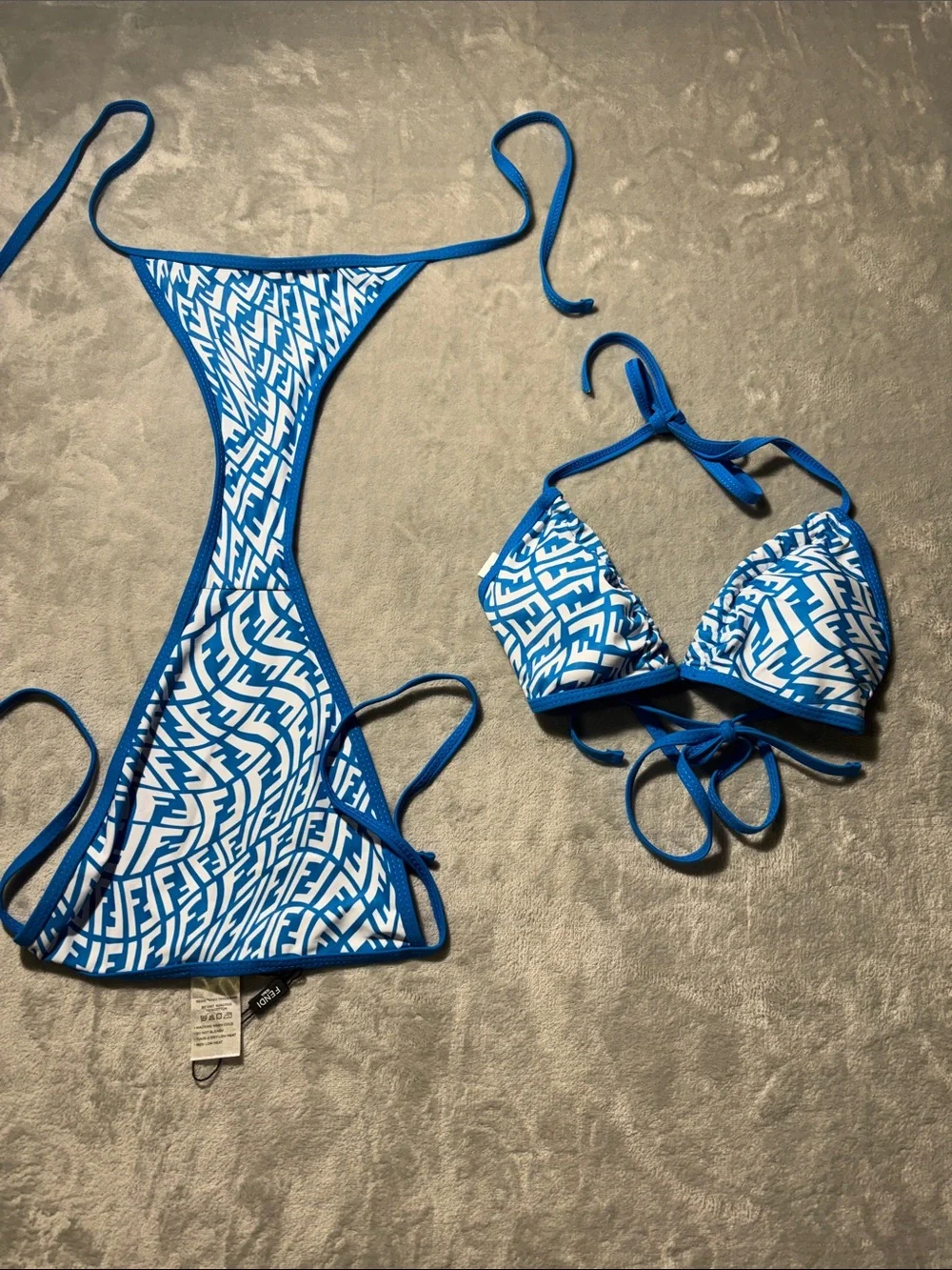 Fendi FF Vertigo Bikini Set Blue White Logo Monogram String Swimsuit Size L